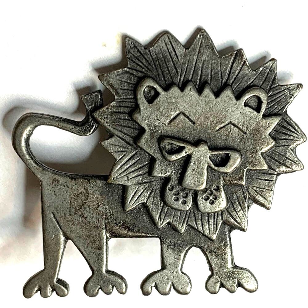 METZKE Signed Vintage Lion Cat Brooch Pin Pewter